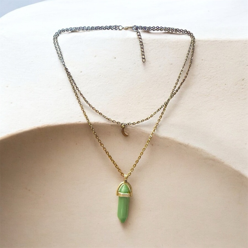 moon 🌙 & Green stone or crystal pendant double layer necklace- gold